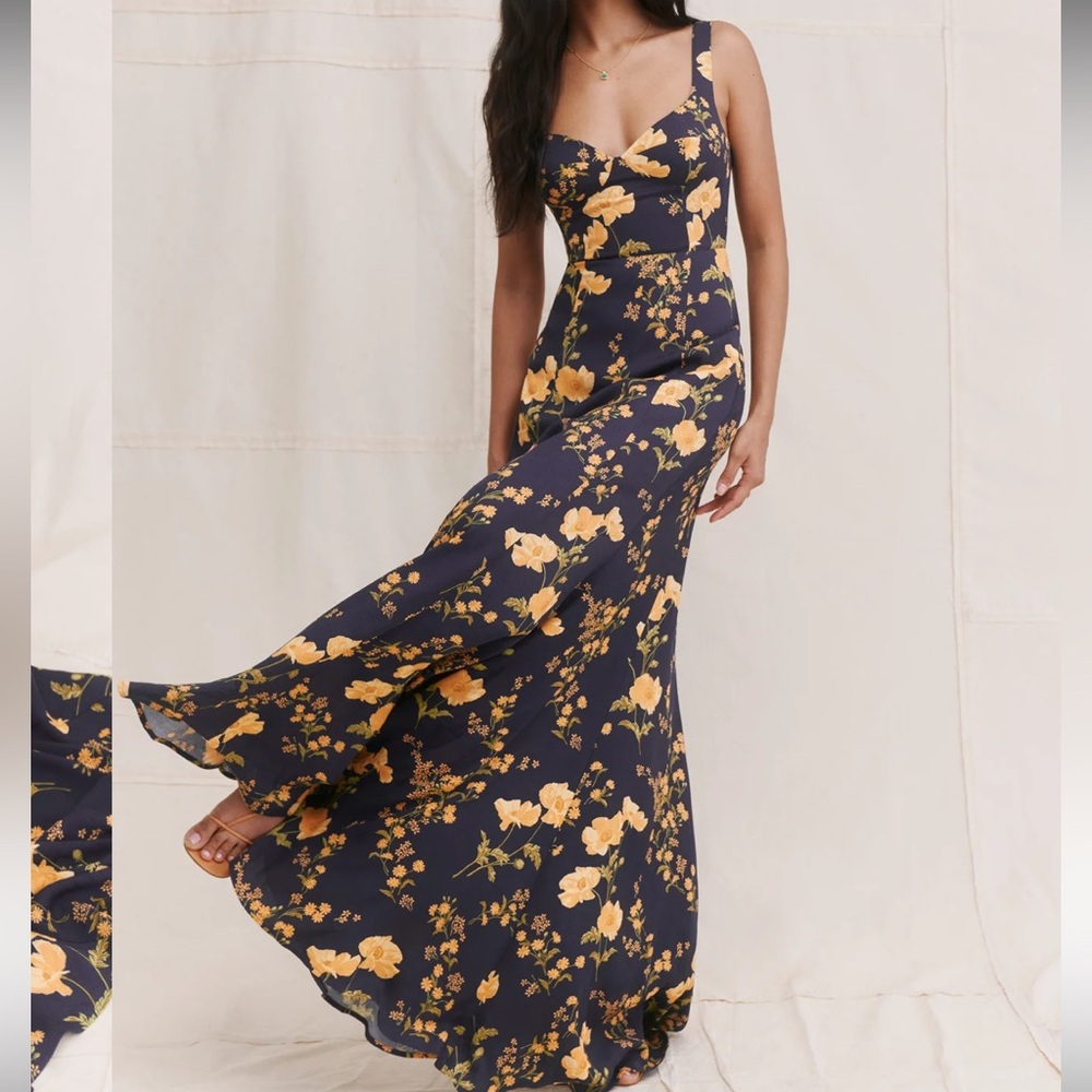 Reformation Navy Maxi Dress with Yellow Floral Print